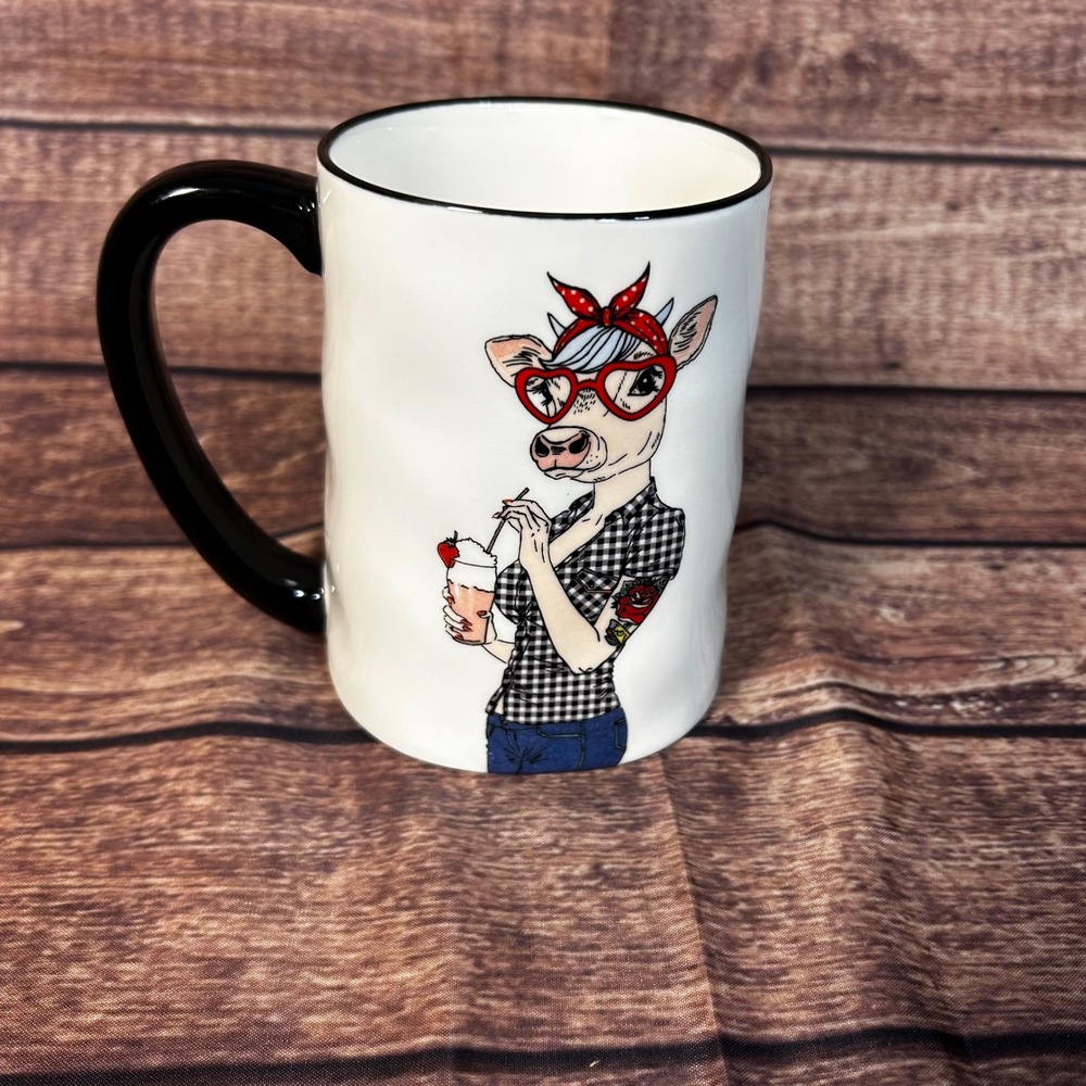Signature Housewares Hipster Animal Rosie Cow Mug Glasses Bandana 17.5 oz